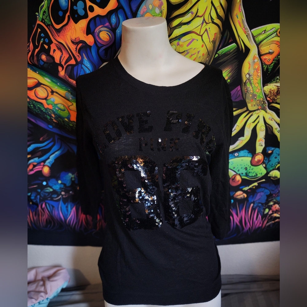 Pink Victoria's Secret sequin bling black xsmall shirt (love pink 86)